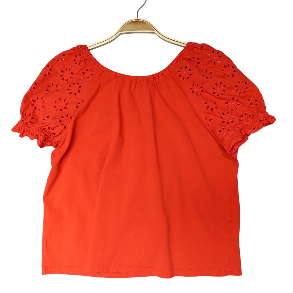 J.Crew Factory Eyelet Puff Sleeve Cotton Top M Red Orange Tie Back Cottage Boho